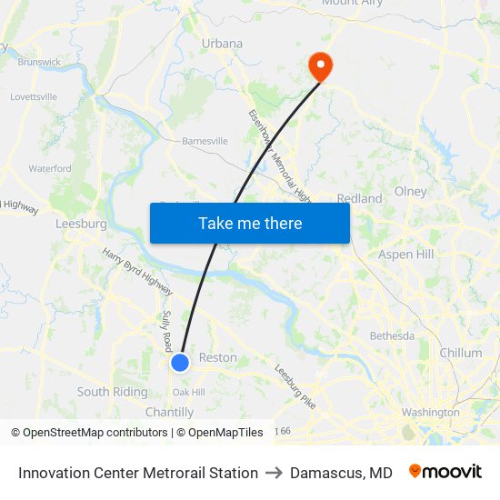 Innovation Center Metrorail Station to Damascus, MD map