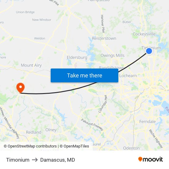 Timonium to Damascus, MD map