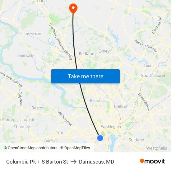 Columbia Pk + S Barton St to Damascus, MD map