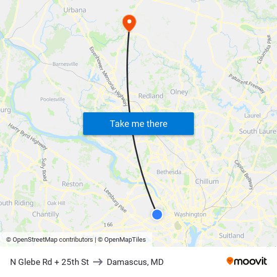 N Glebe Rd + 25th St to Damascus, MD map