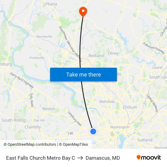 East Falls Church Metro Bay C to Damascus, MD map