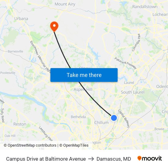 Campus Drive at Baltimore Avenue to Damascus, MD map