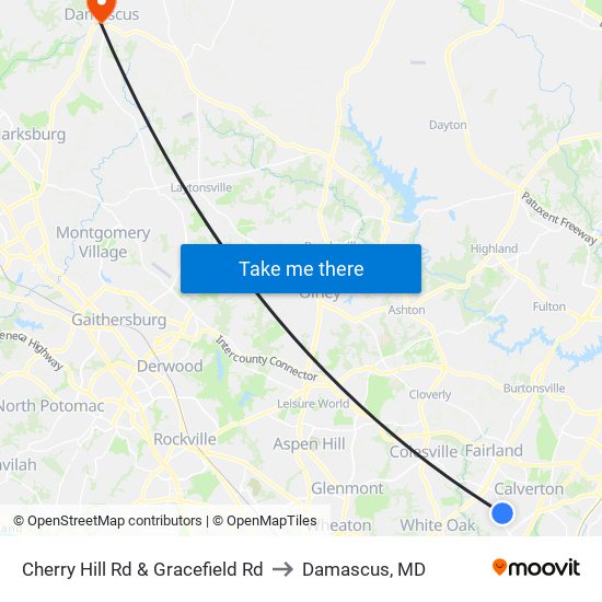 Cherry Hill Rd & Gracefield Rd to Damascus, MD map