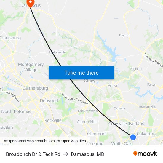 Broadbirch Dr & Tech Rd to Damascus, MD map