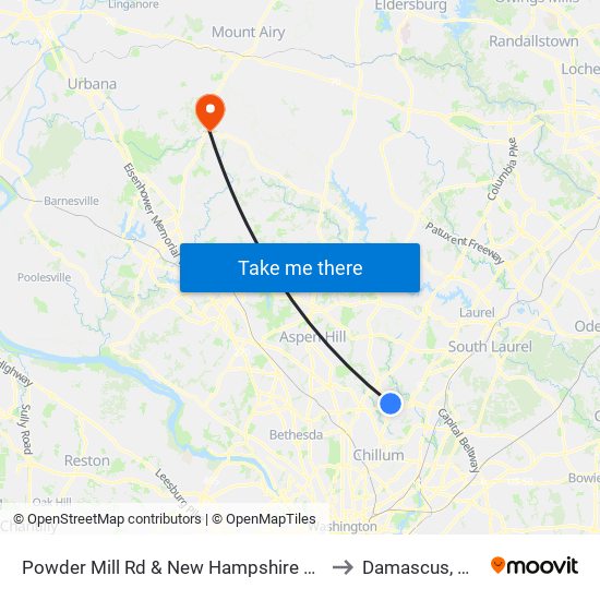 Powder Mill Rd & New Hampshire Ave to Damascus, MD map