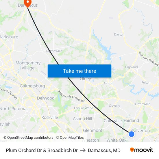 Plum Orchard Dr & Broadbirch Dr to Damascus, MD map