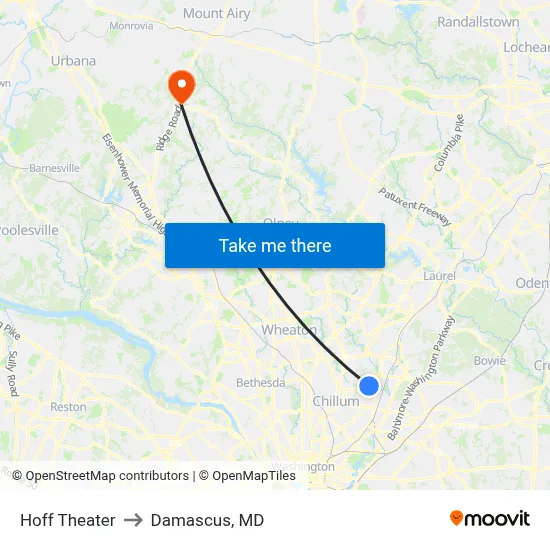 Hoff Theater to Damascus, MD map