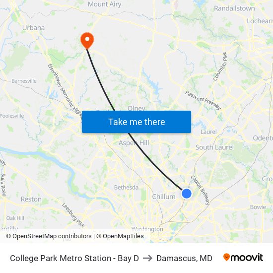 College Park Metro Station - Bay D to Damascus, MD map