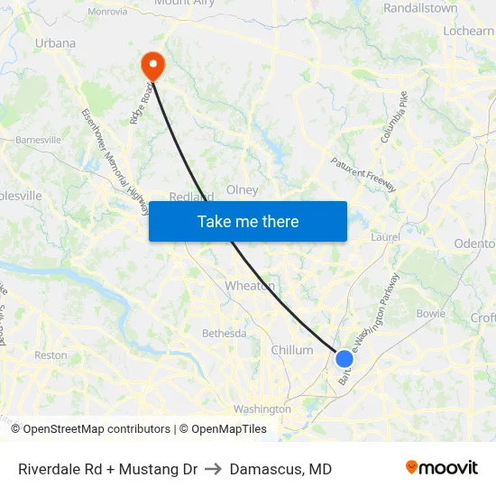 Riverdale Rd + Mustang Dr to Damascus, MD map
