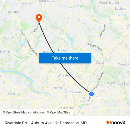 Riverdale Rd + Auburn Ave to Damascus, MD map