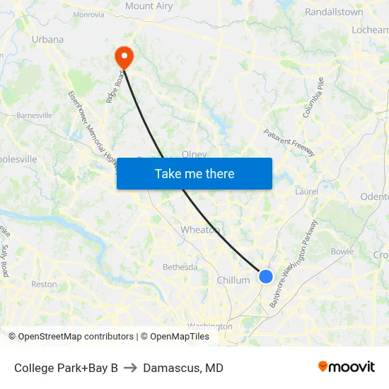 College Park+Bay B to Damascus, MD map