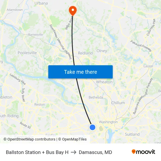 Ballston Station + Bus Bay H to Damascus, MD map