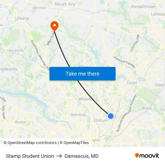 Stamp Student Union to Damascus, MD map