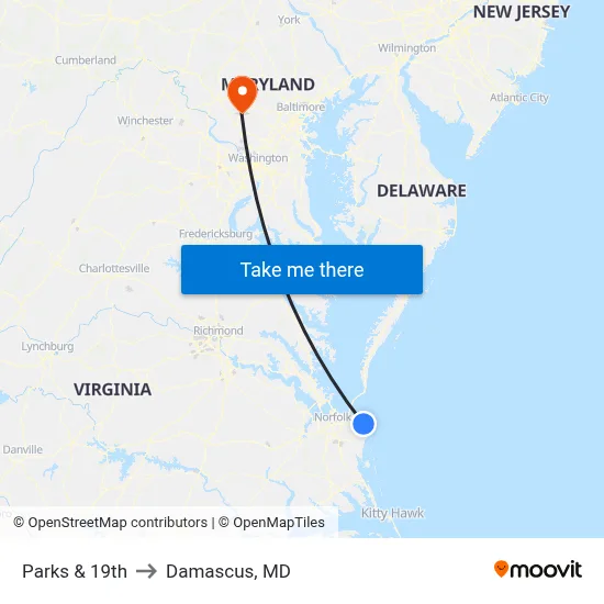 Parks & 19th to Damascus, MD map