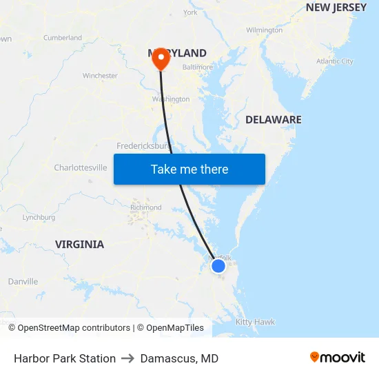 Harbor Park Station to Damascus, MD map