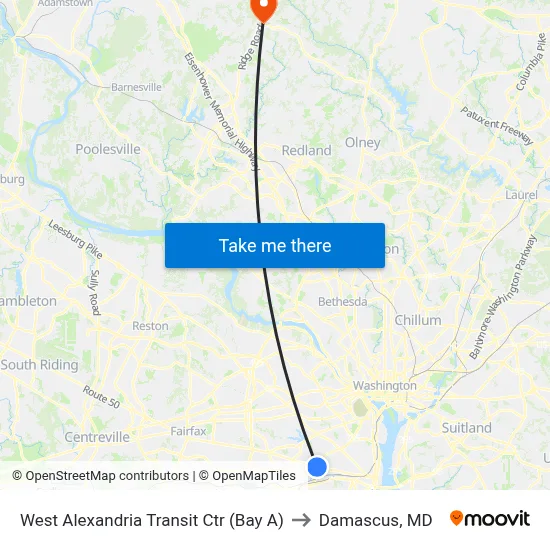 West Alexandria Transit Ctr (Bay A) to Damascus, MD map