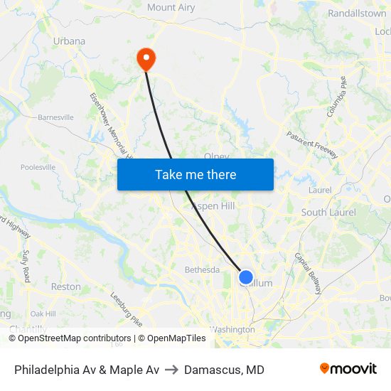 Philadelphia Av & Maple Av to Damascus, MD map