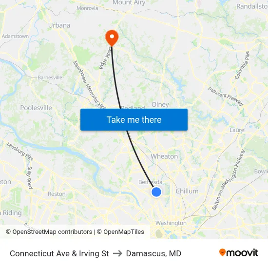 Connecticut Ave & Irving St to Damascus, MD map