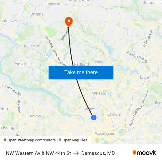NW Western Av & NW 44th St to Damascus, MD map