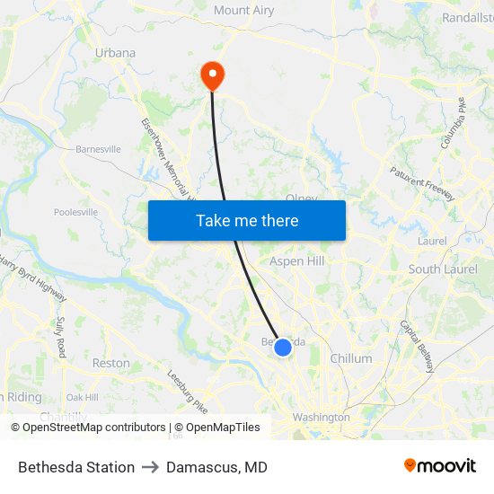 Bethesda Station to Damascus, MD map