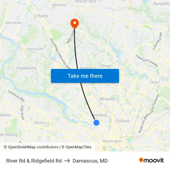River Rd & Ridgefield Rd to Damascus, MD map