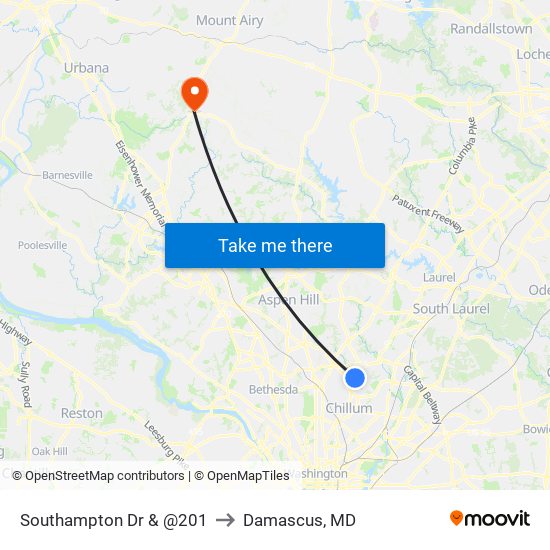 Southampton Dr & @201 to Damascus, MD map