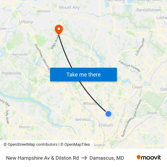New Hampshire Av & Dilston Rd to Damascus, MD map