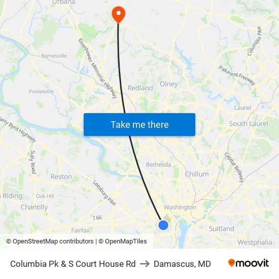 Columbia Pk & S Court House Rd to Damascus, MD map