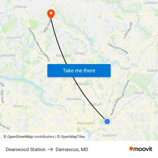 Deanwood Station to Damascus, MD map