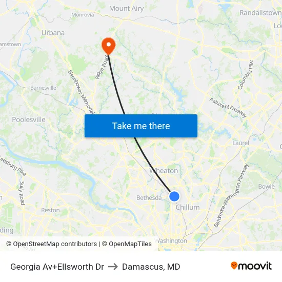 Georgia Av+Ellsworth Dr to Damascus, MD map