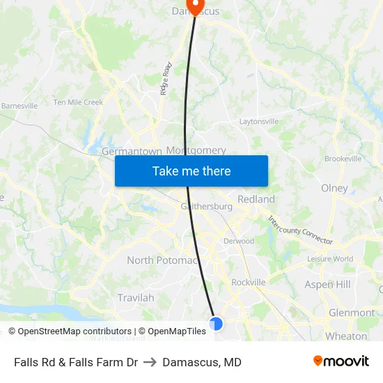 Falls Rd & Falls Farm Dr to Damascus, MD map