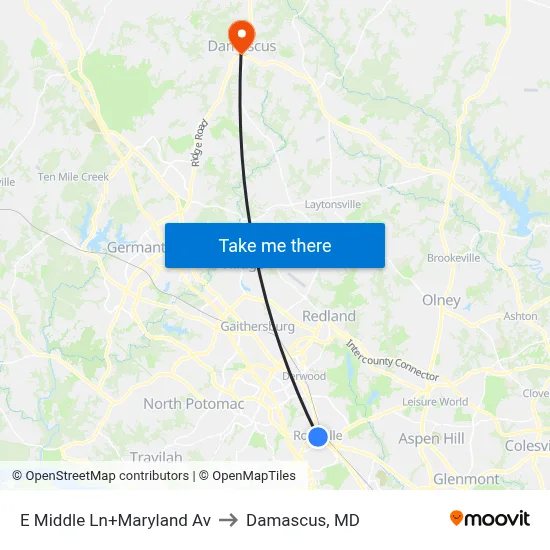 E Middle Ln+Maryland Av to Damascus, MD map