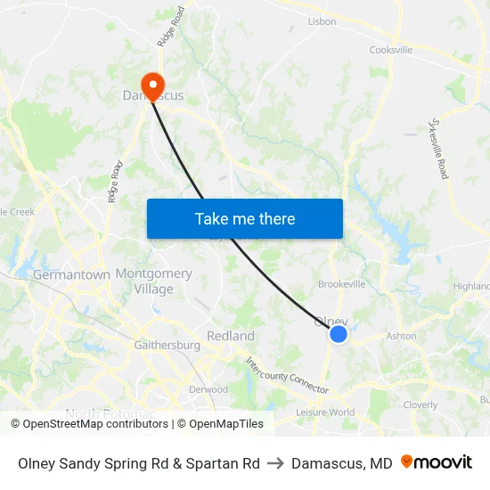 Olney Sandy Spring Rd & Spartan Rd to Damascus, MD map