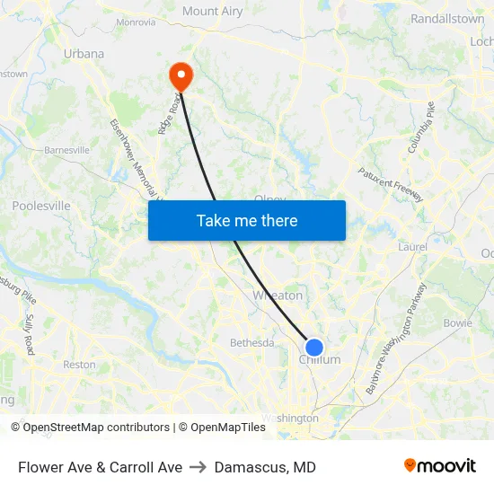 Flower Ave & Carroll Ave to Damascus, MD map