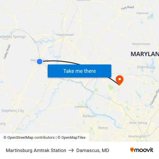 Martinsburg Amtrak Station to Damascus, MD map