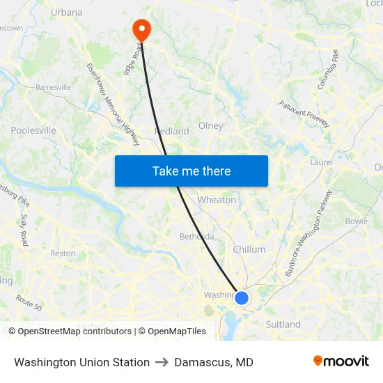 Washington Union Station to Damascus, MD map