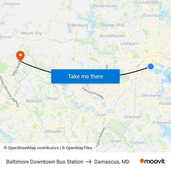 Baltimore Downtown Bus Station to Damascus, MD map