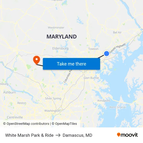 White Marsh Park & Ride to Damascus, MD map