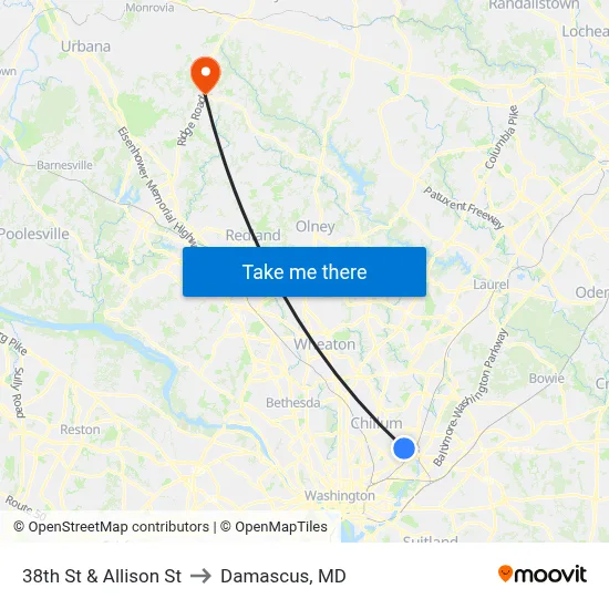 38th St & Allison St to Damascus, MD map