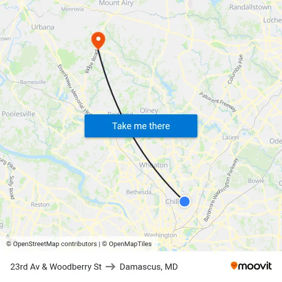 23rd Av & Woodberry St to Damascus, MD map