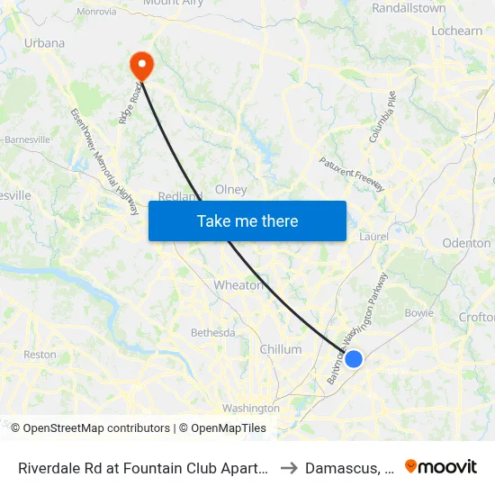 Riverdale Rd at Fountain Club Apartments to Damascus, MD map