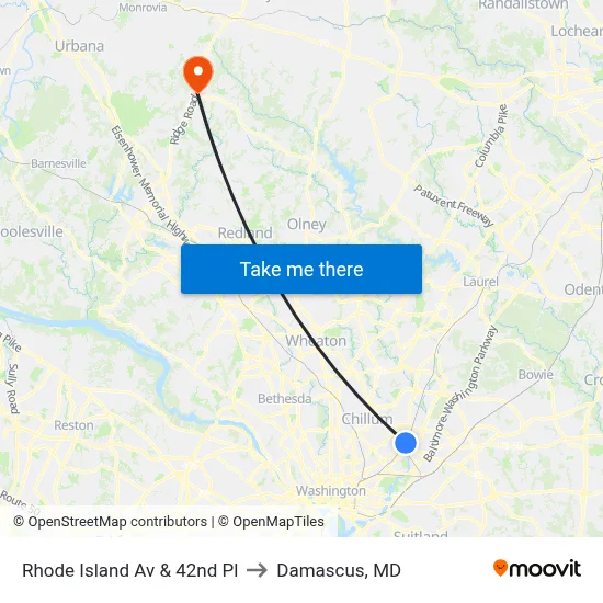 Rhode Island Av & 42nd Pl to Damascus, MD map