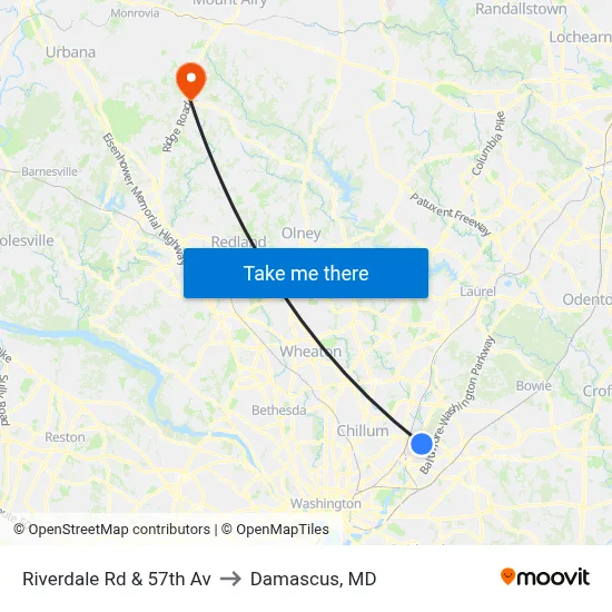 Riverdale Rd & 57th Av to Damascus, MD map