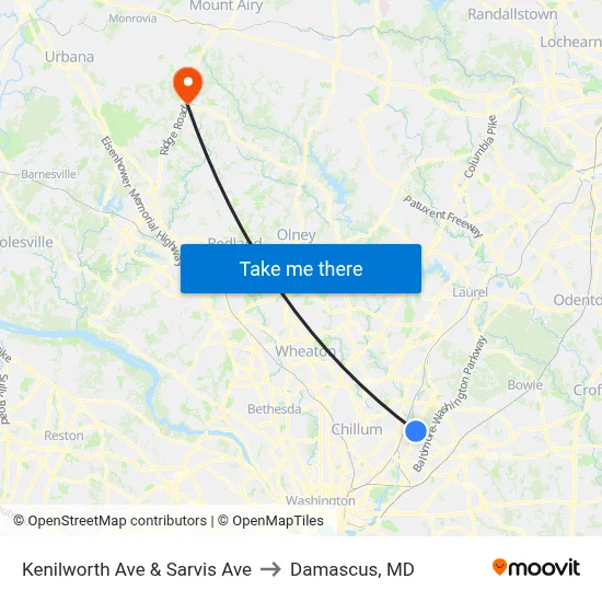 Kenilworth Ave & Sarvis Ave to Damascus, MD map