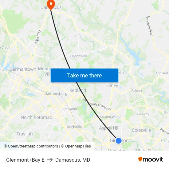 Glenmont+Bay E to Damascus, MD map
