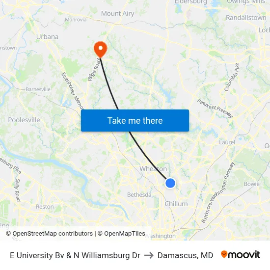 E University Bv & N Williamsburg Dr to Damascus, MD map