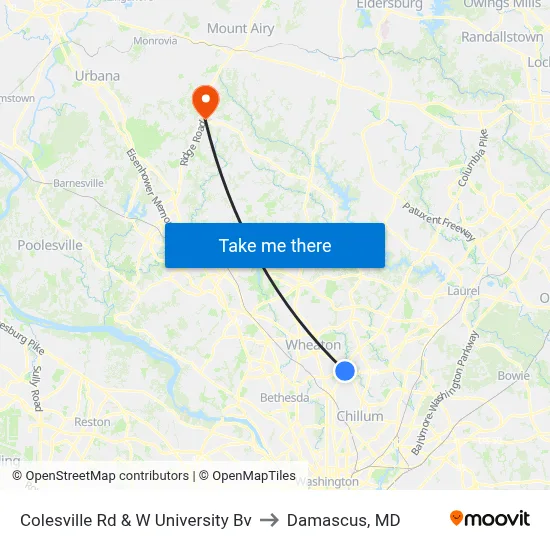 Colesville Rd & W University Bv to Damascus, MD map