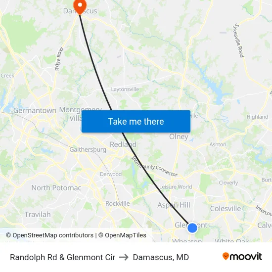 Randolph Rd & Glenmont Cir to Damascus, MD map