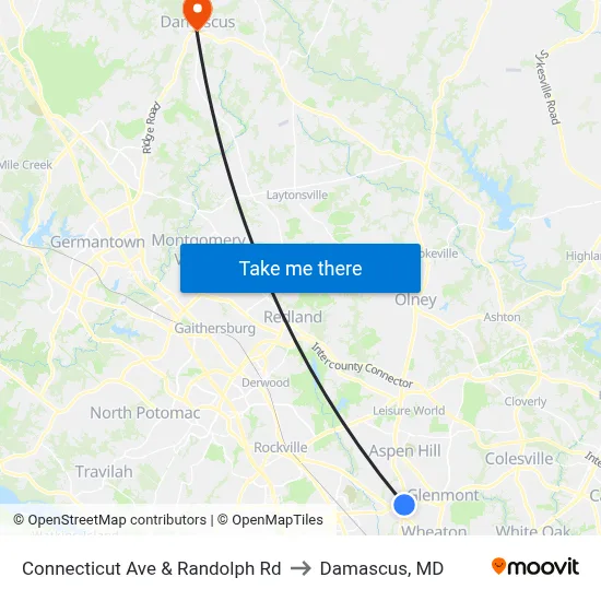 Connecticut Ave & Randolph Rd to Damascus, MD map