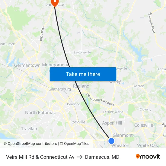 Veirs Mill Rd & Connecticut Av to Damascus, MD map